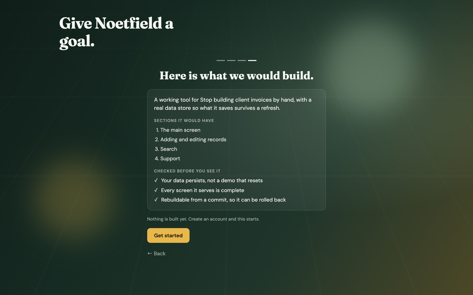 The public Noetfield app flow: after a one-line goal, the plan preview titled Here is what we would build, listing sections and pre-delivery checks