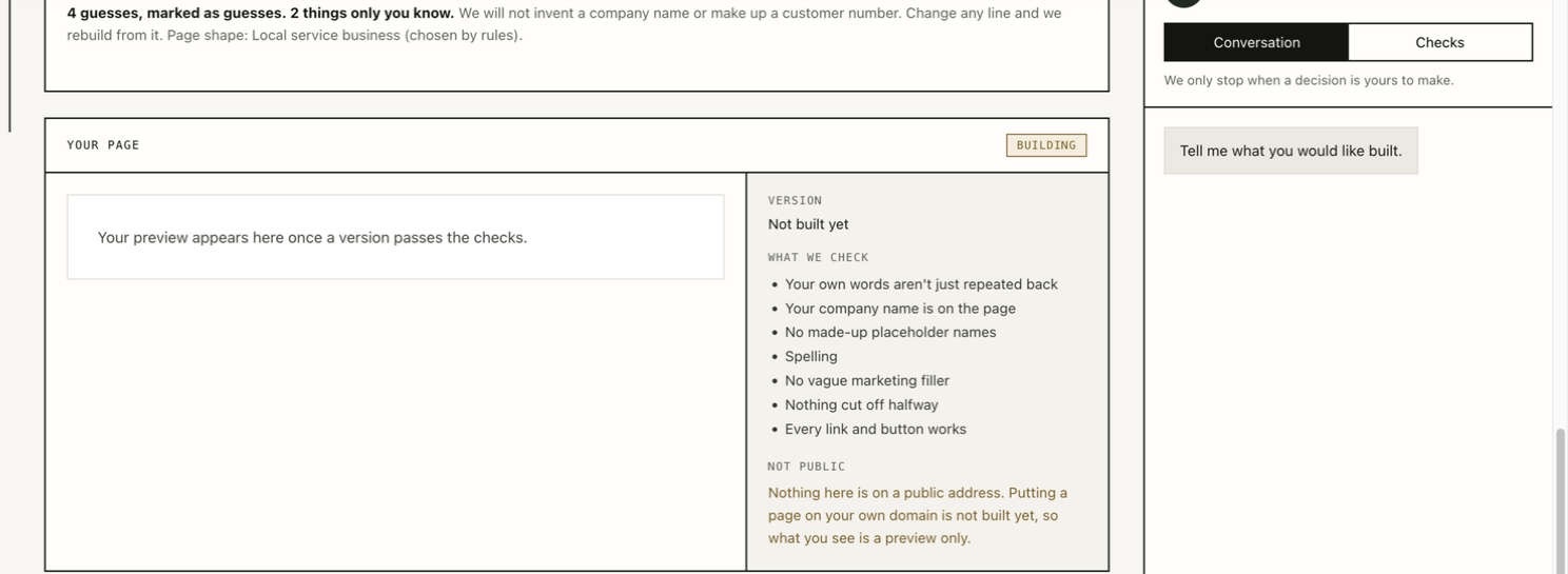 Inside the signed-in Noetfield project workspace: the your-page panel stating the preview appears once a version passes the checks, the named check list, the not-built-yet status, and the note that work only stops when a decision is yours to make